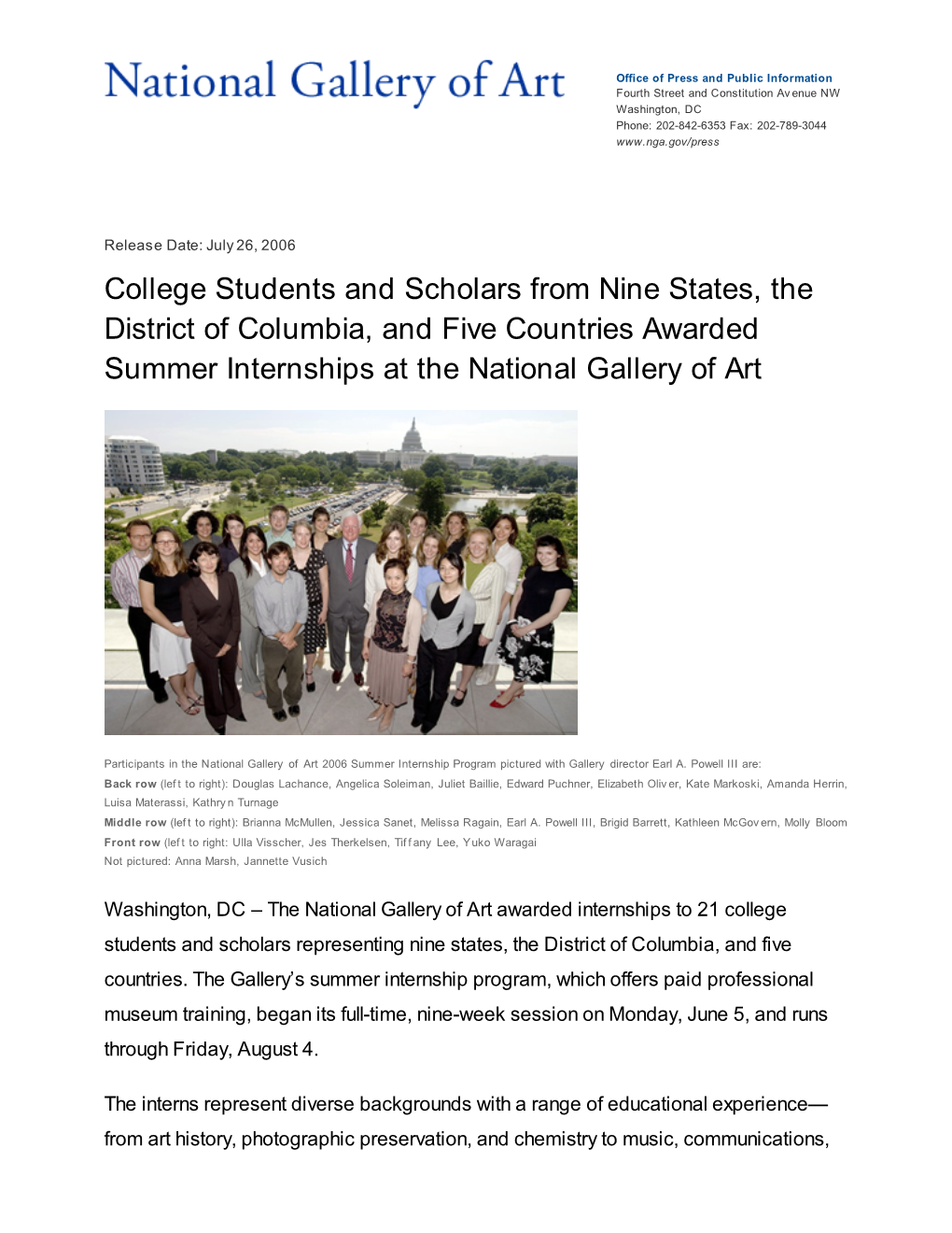 College Students and Scholars from Nine States, the District of Columbia, and Five Countries Awarded Summer Internships at the National Gallery of Art
