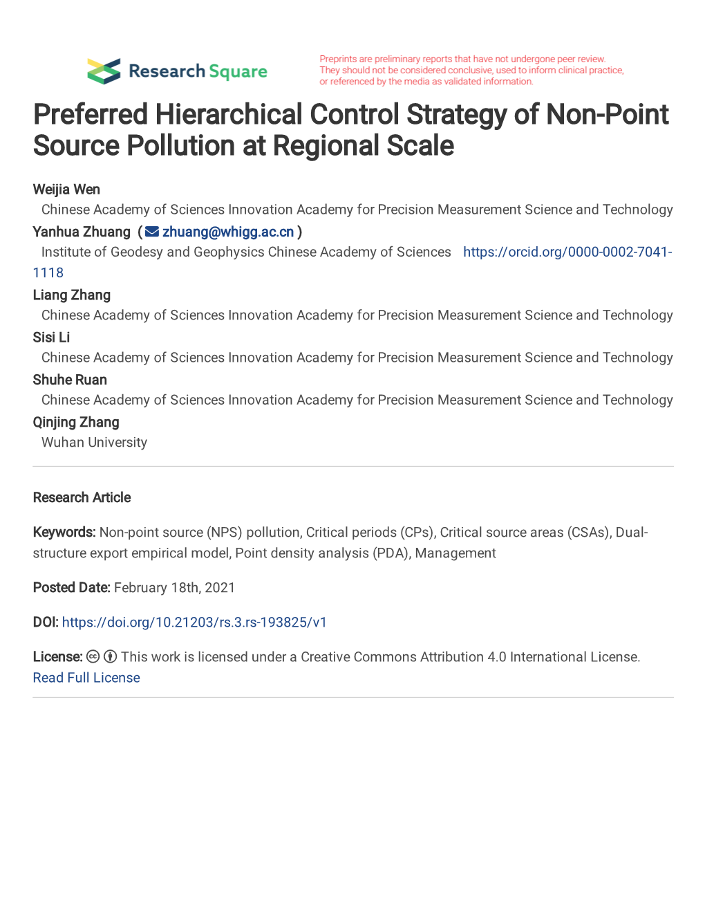 Preferred Hierarchical Control Strategy of Non-Point Source Pollution at Regional Scale