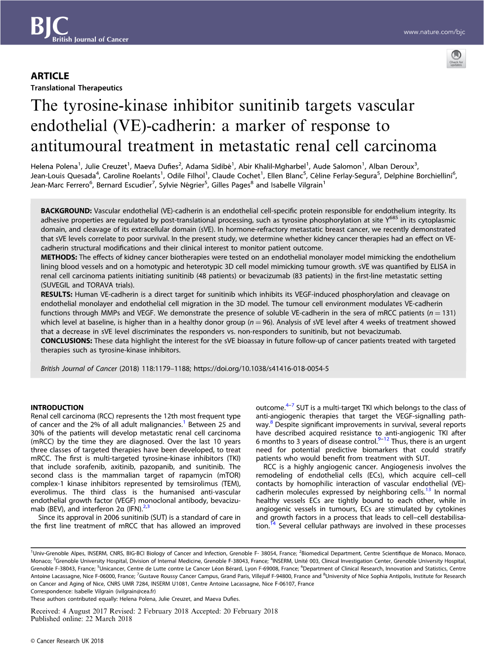 The Tyrosine-Kinase Inhibitor Sunitinib Targets Vascular Endothelial (VE)-Cadherin: a Marker of Response to Antitumoural Treatment in Metastatic Renal Cell Carcinoma