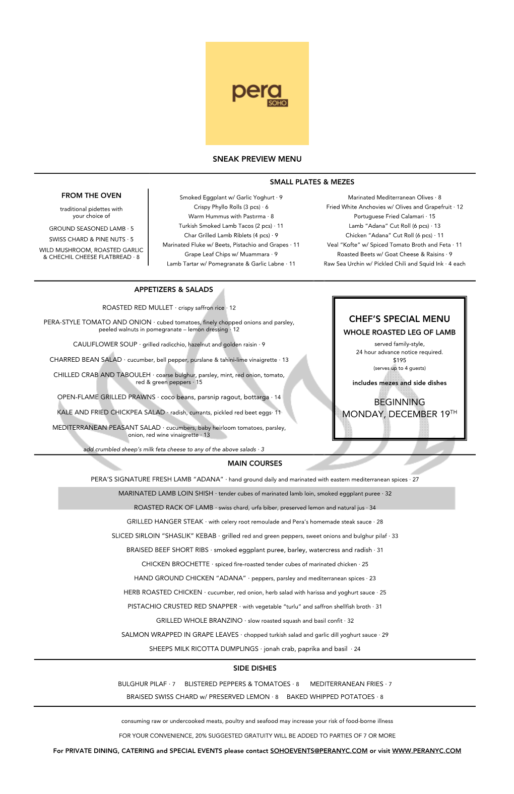 Chef's Special Menu Beginning Monday, December 19Th