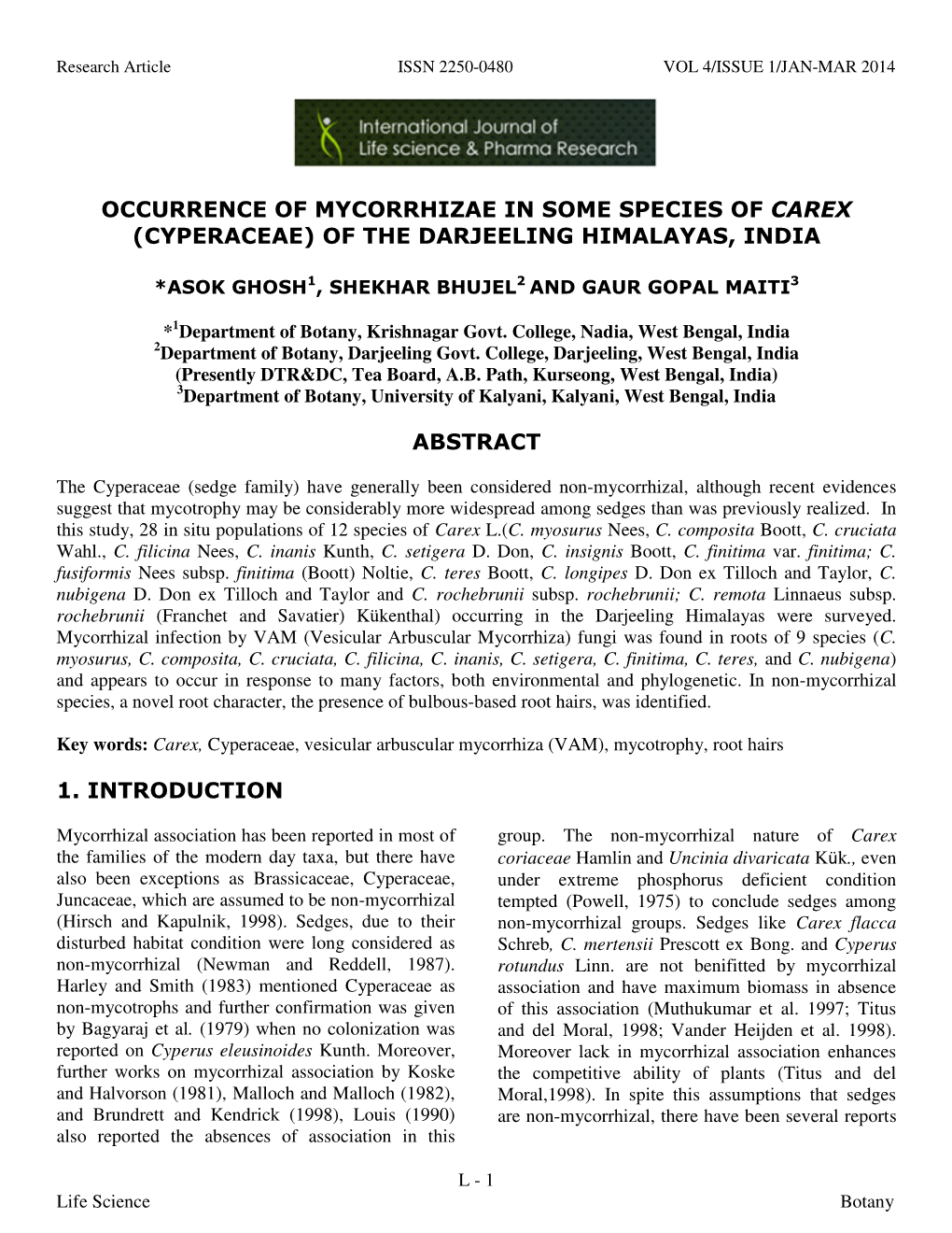 Occurrence of Mycorrhizae in Some Species of Carex (Cyperaceae) of the Darjeeling Himalayas, India