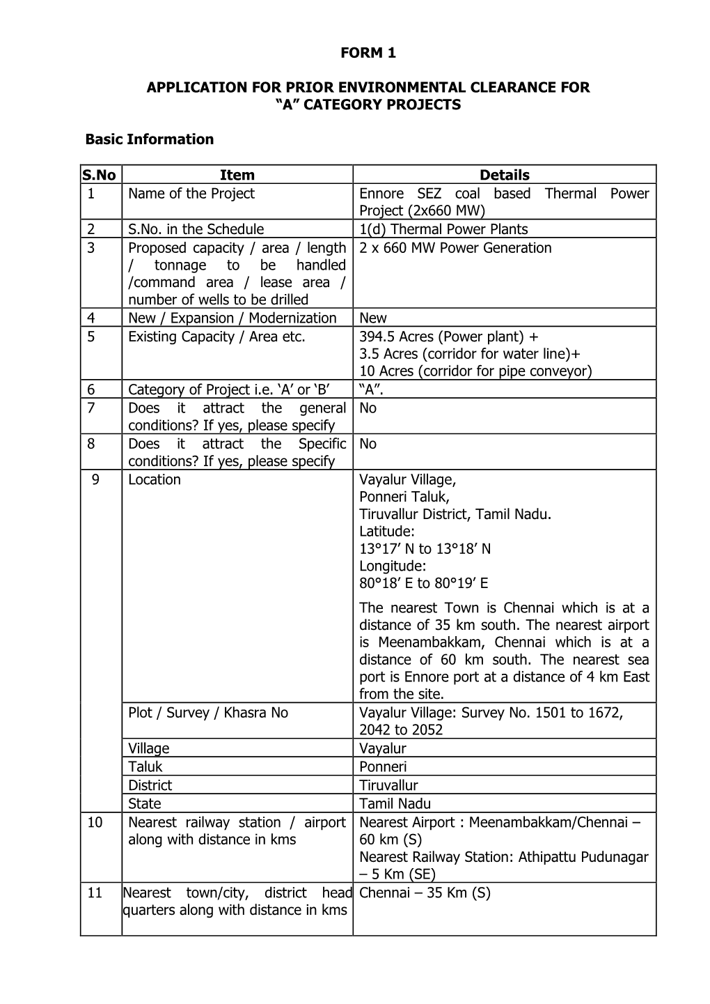 Form 1 Application for Prior Environmental Clearance