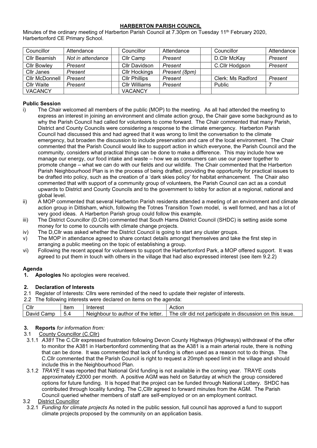 February 2020 Harberton Parish Council Ordinary Meeting Minutes