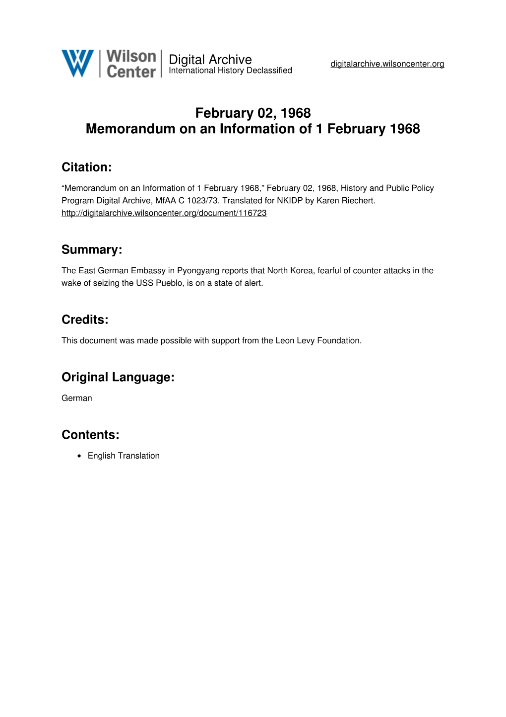 February 02, 1968 Memorandum on an Information of 1 February 1968