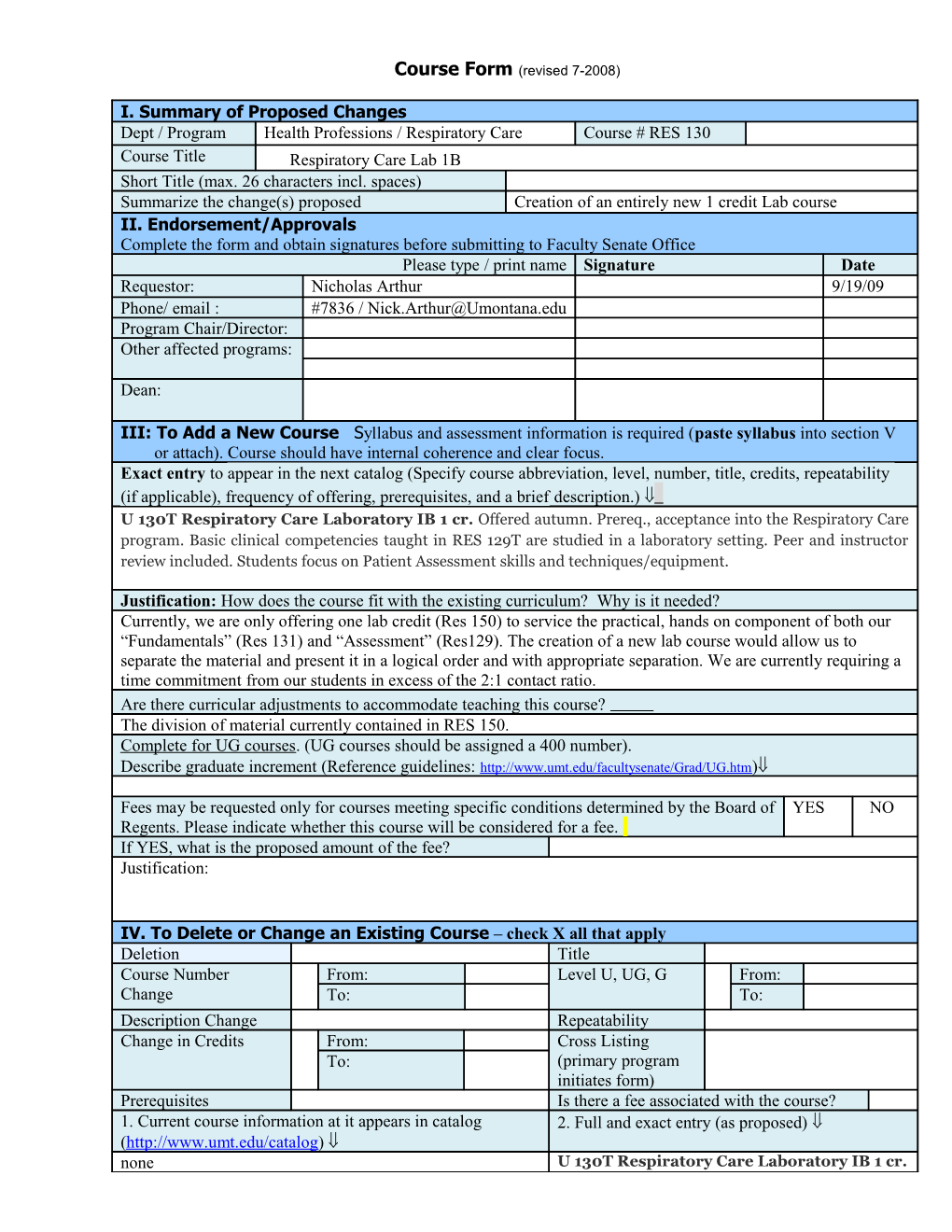 IV. to Delete Or Change an Existing Course Check X All That Apply s1