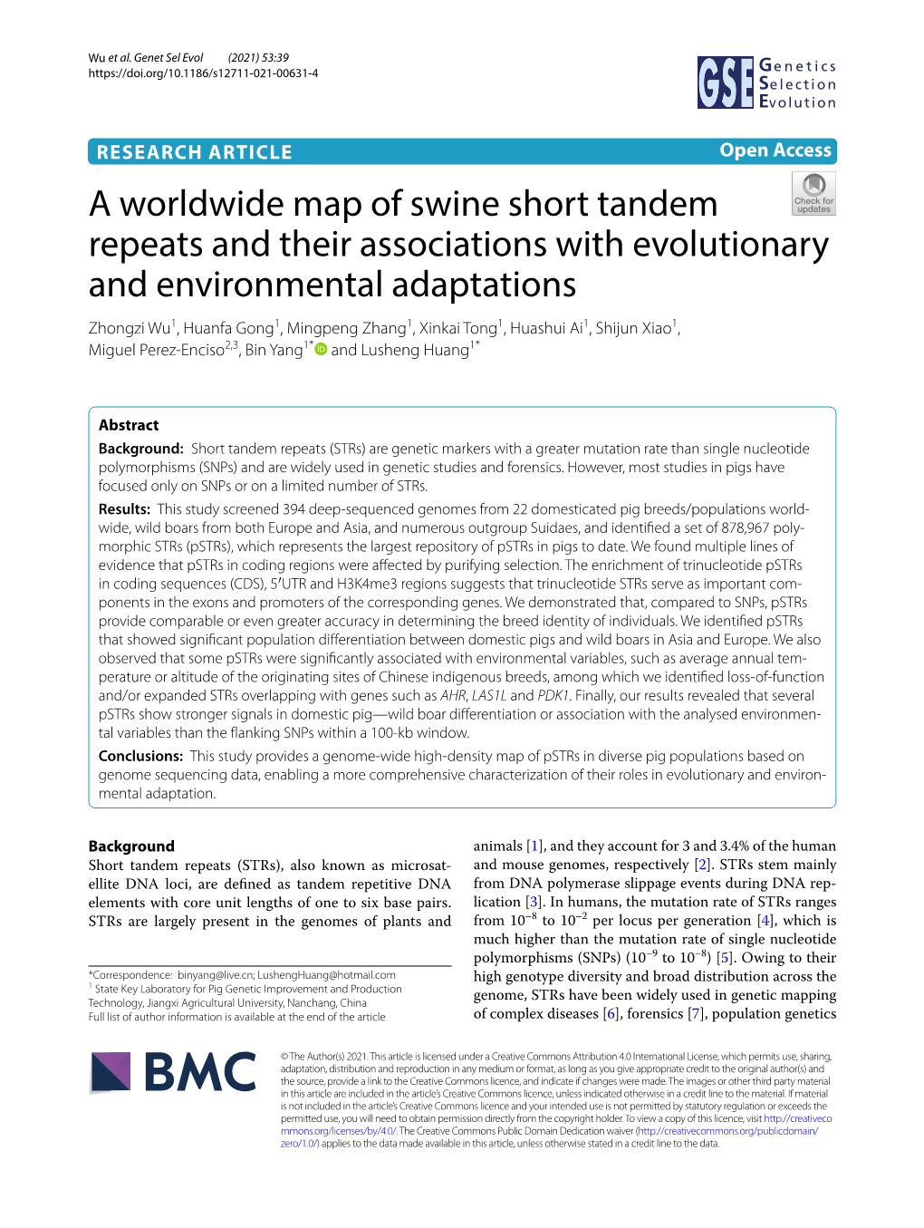 A Worldwide Map of Swine Short Tandem Repeats and Their