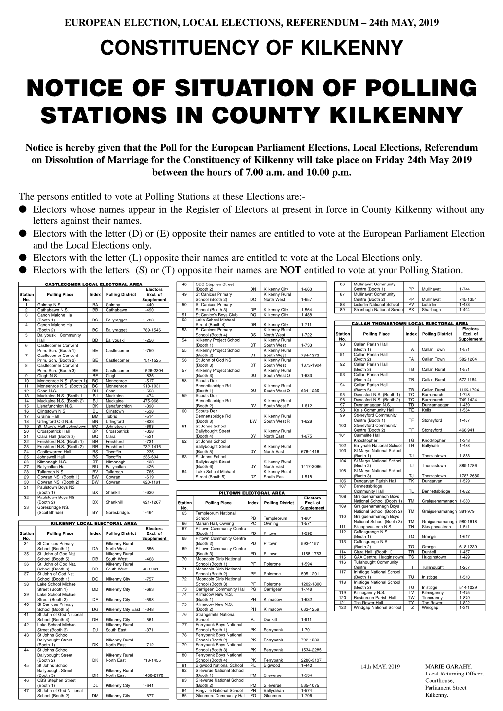 2018 Polling Scheme for County Kilkenny