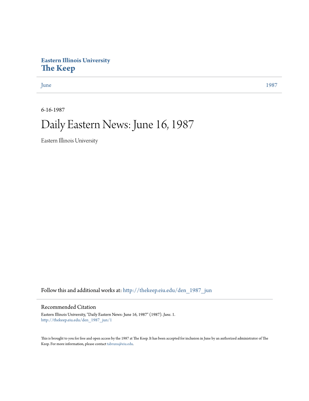 Daily Eastern News: June 16, 1987 Eastern Illinois University