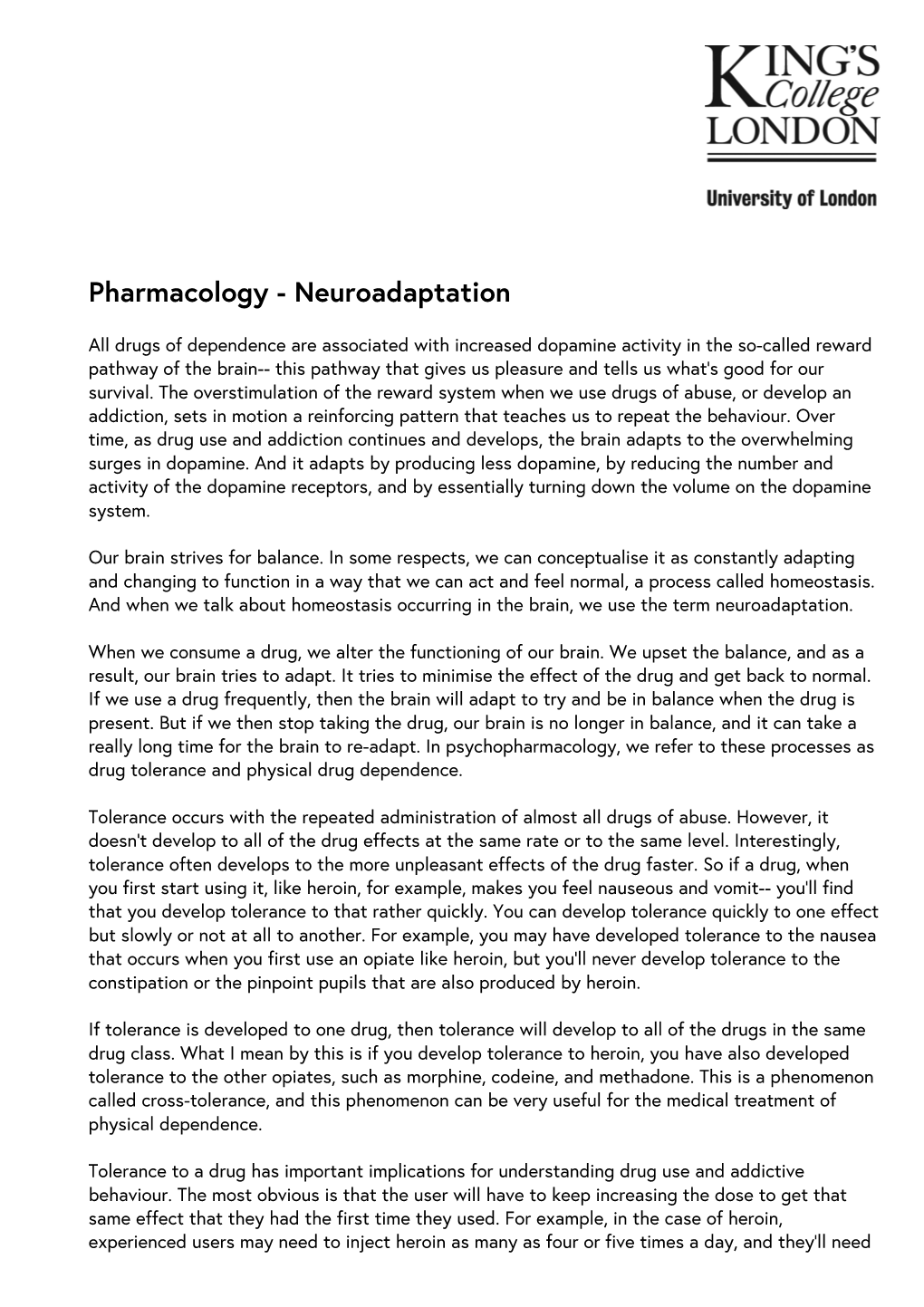 Pharmacology - Neuroadaptation