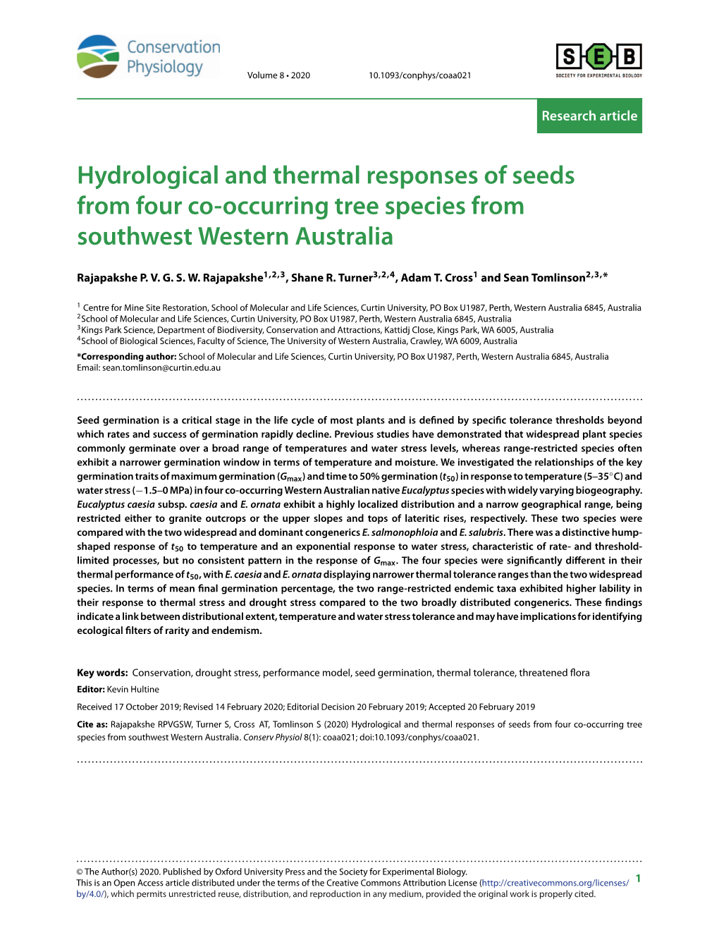 Hydrological and Thermal Responses of Seeds from Four Co-Occurring Tree Species from Southwest Western Australia