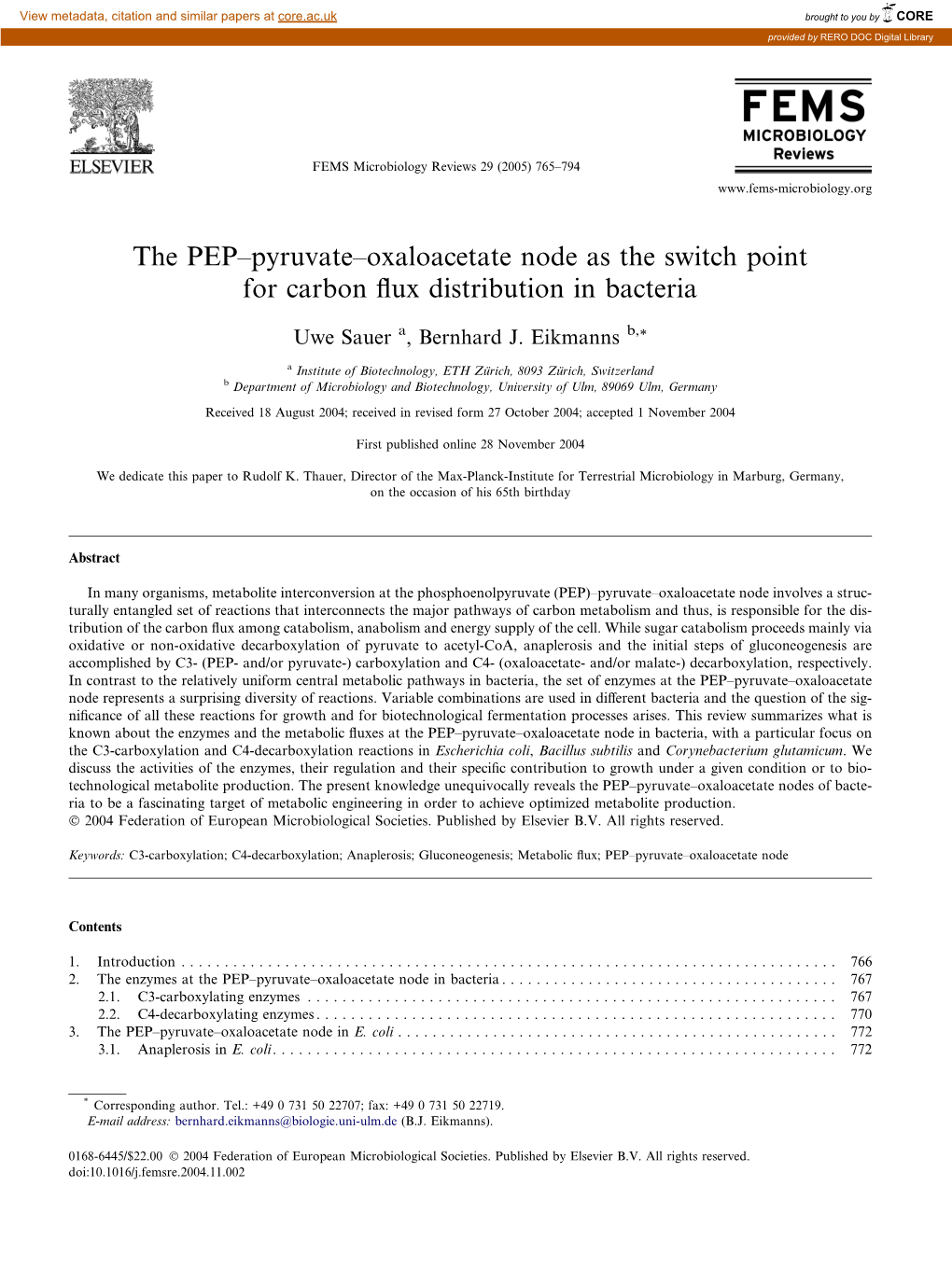 The PEP–Pyruvate–Oxaloacetate Node As the Switch Point for Carbon ﬂux Distribution in Bacteria