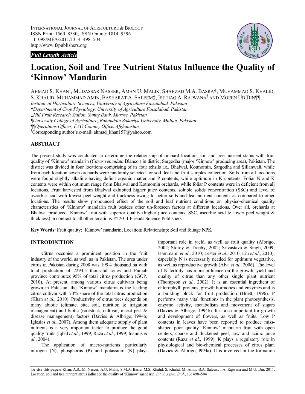 Location, Soil and Tree Nutrient Status Influence the Quality of 'Kinnow' Mandarin