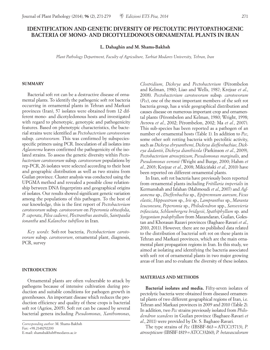 Identification and Genetic Diversity of Pectolytic Phytopathogenic Bacteria of Mono- and Dicotyledonous Ornamental Plants in Iran