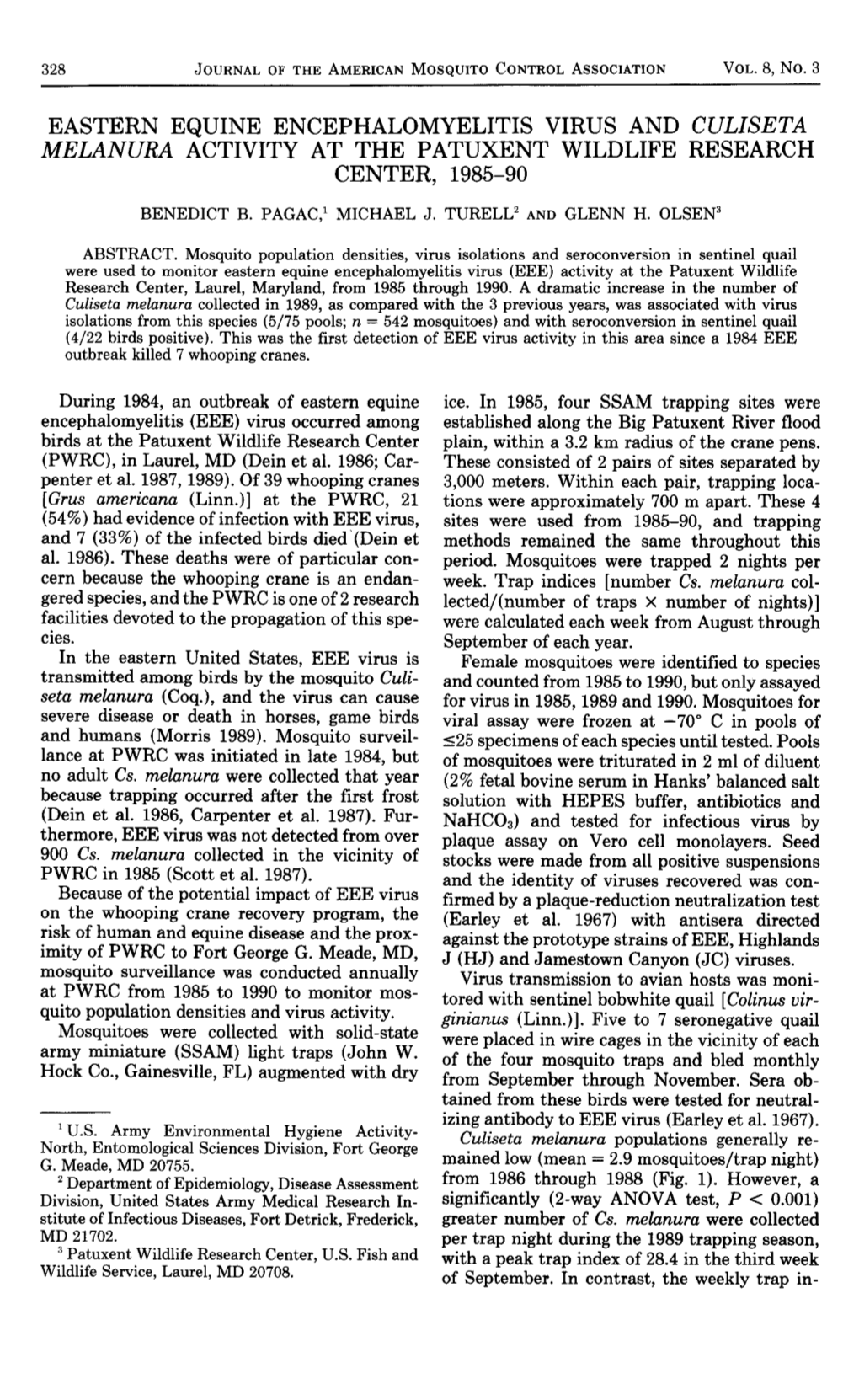 Eastern Equine Encephalomyelitis Virus and Culiseta Melanura Activity at the Patuxent Wildlife Research Center, 1985 90