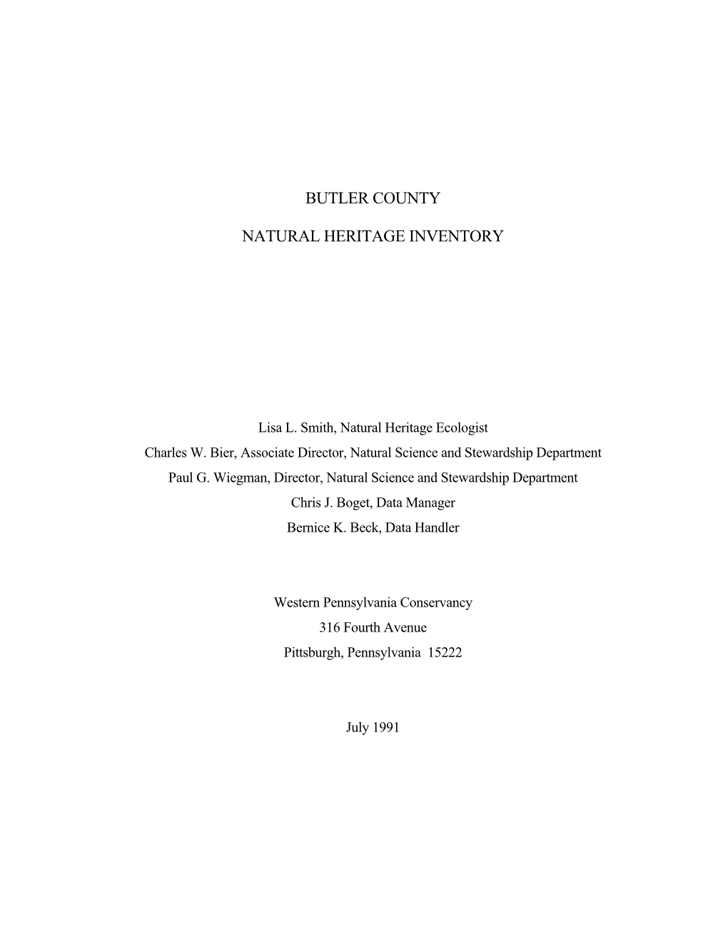Butler County Natural Heritage Inventory, 1991