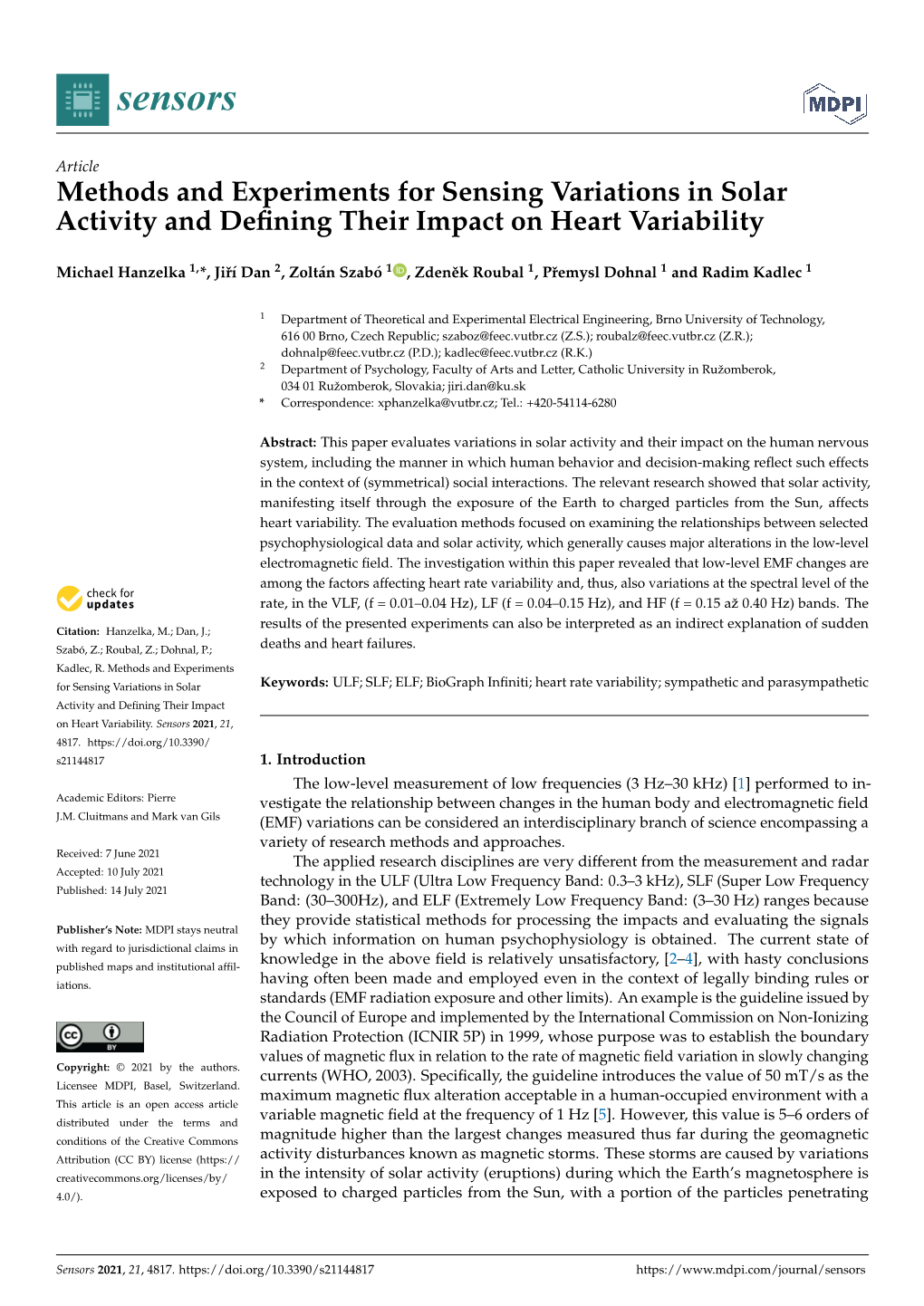 Methods and Experiments for Sensing Variations in Solar Activity and Deﬁning Their Impact on Heart Variability