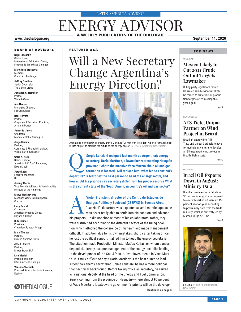ENERGY ADVISOR a WEEKLY PUBLICATION of the DIALOGUE September 11, 2020