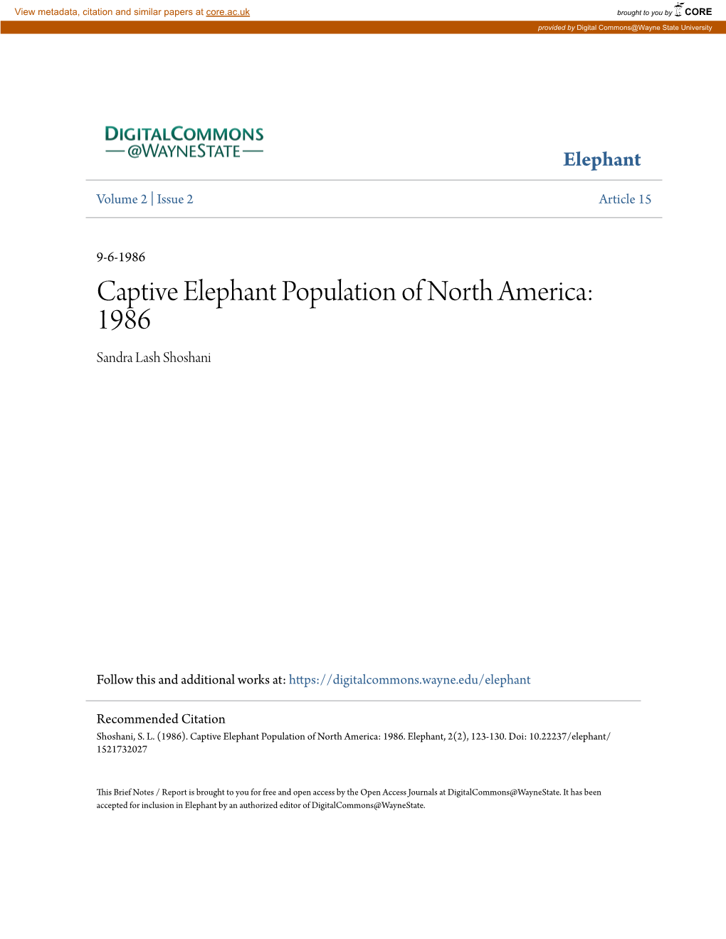 Captive Elephant Population of North America: 1986 Sandra Lash Shoshani