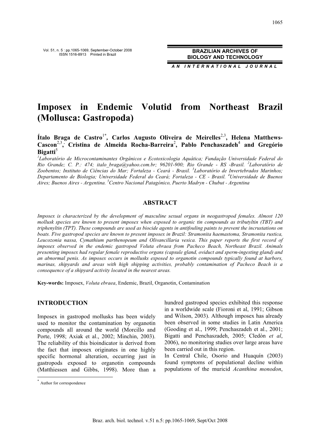 Imposex in Endemic Volutid from Northeast Brazil (Mollusca: Gastropoda)