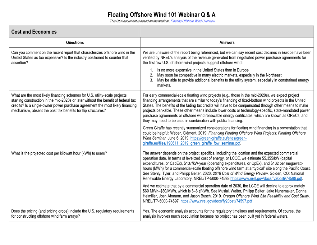 Floating Offshore Wind 101 Webinar Q & A