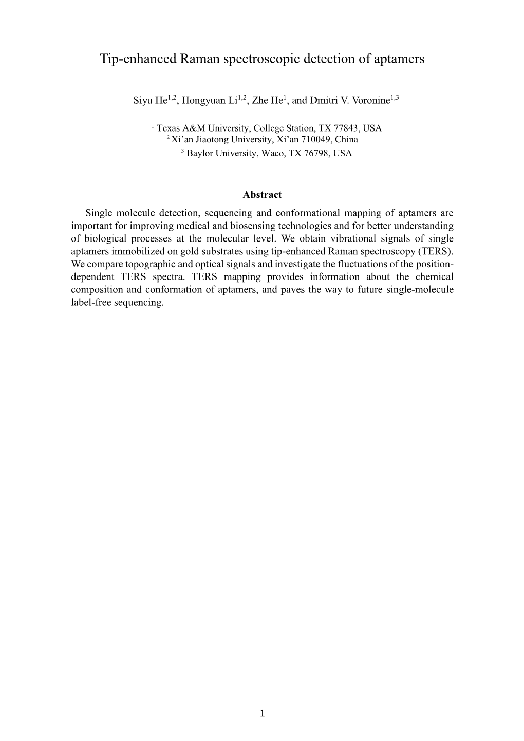 Tip-Enhanced Raman Spectroscopic Detection of Aptamers