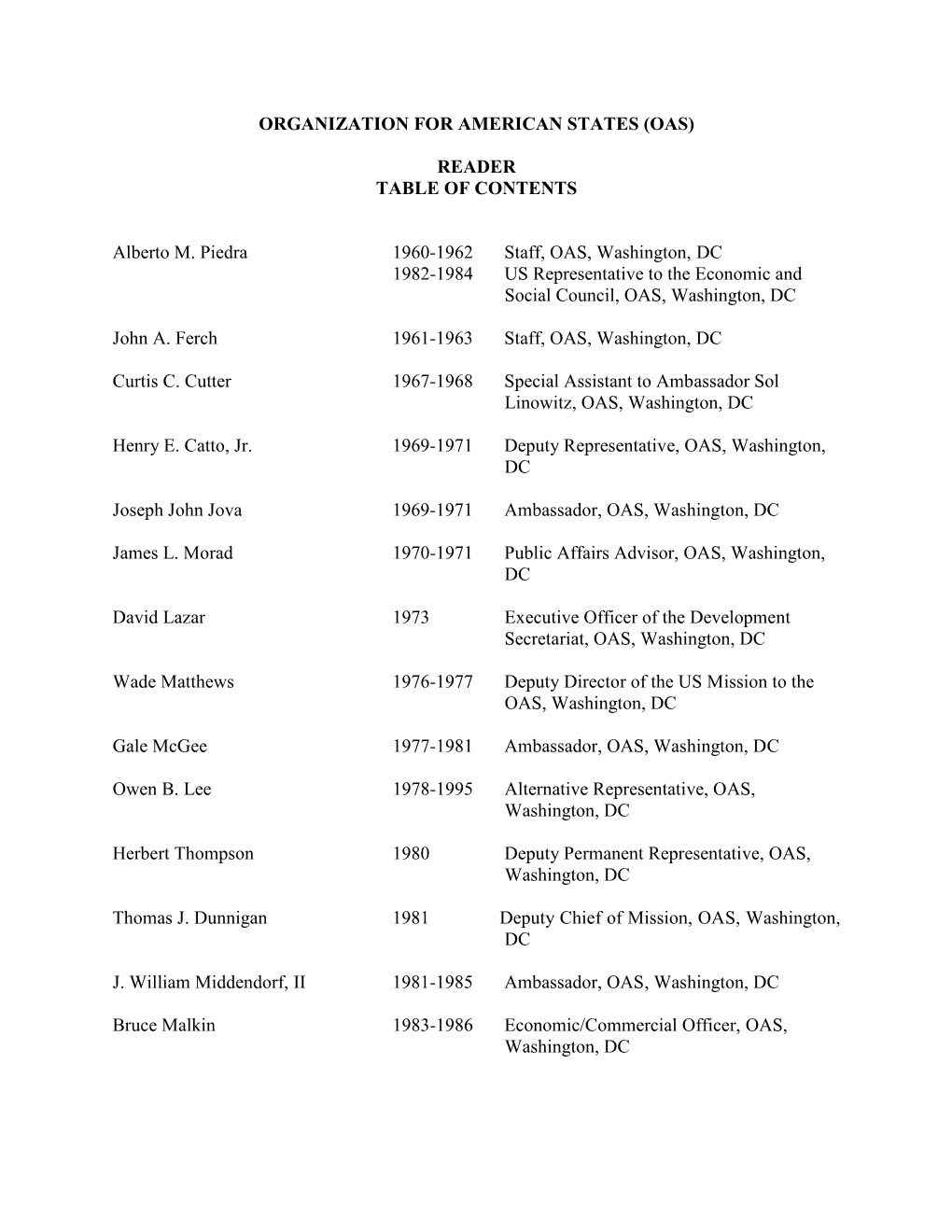 Organization for American States (Oas) Reader Table