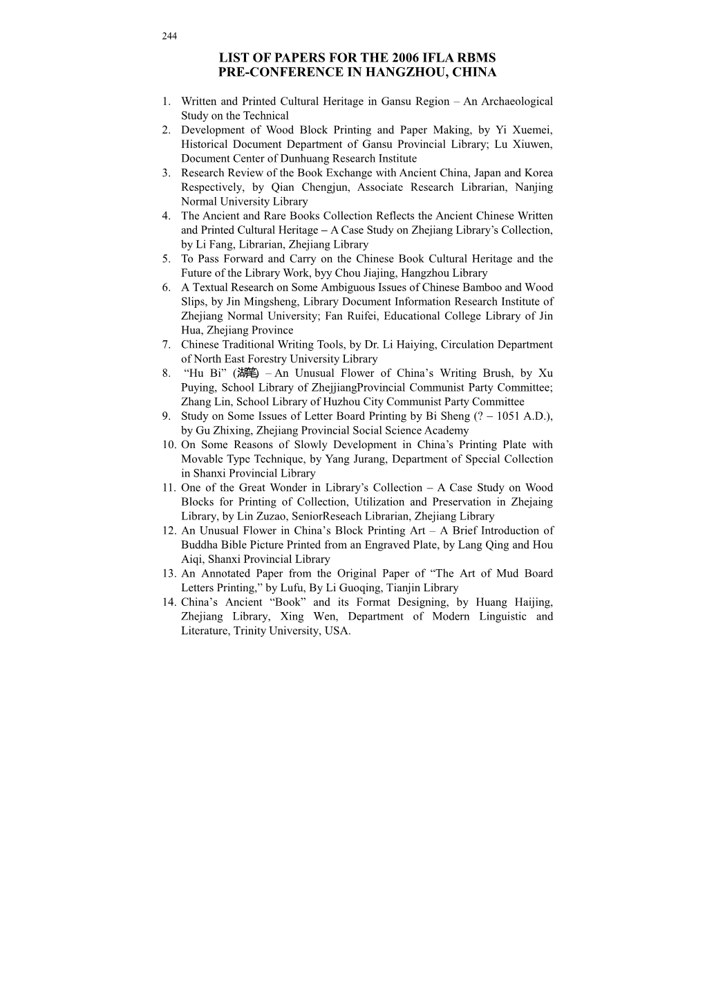 List of Papers for the 2006 Ifla Rbms Pre-Conference in Hangzhou, China