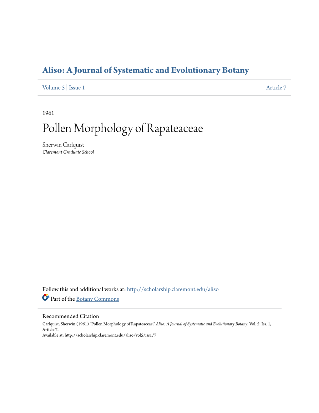 Pollen Morphology of Rapateaceae Sherwin Carlquist Claremont Graduate School