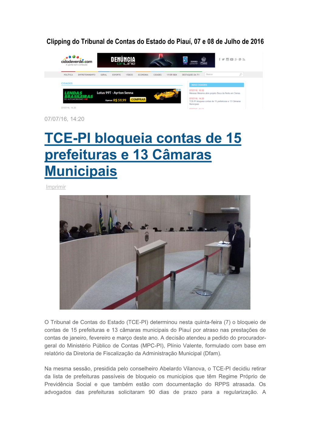 TCE-PI Bloqueia Contas De 15 Prefeituras E 13 Câmaras Municipais Imprimir