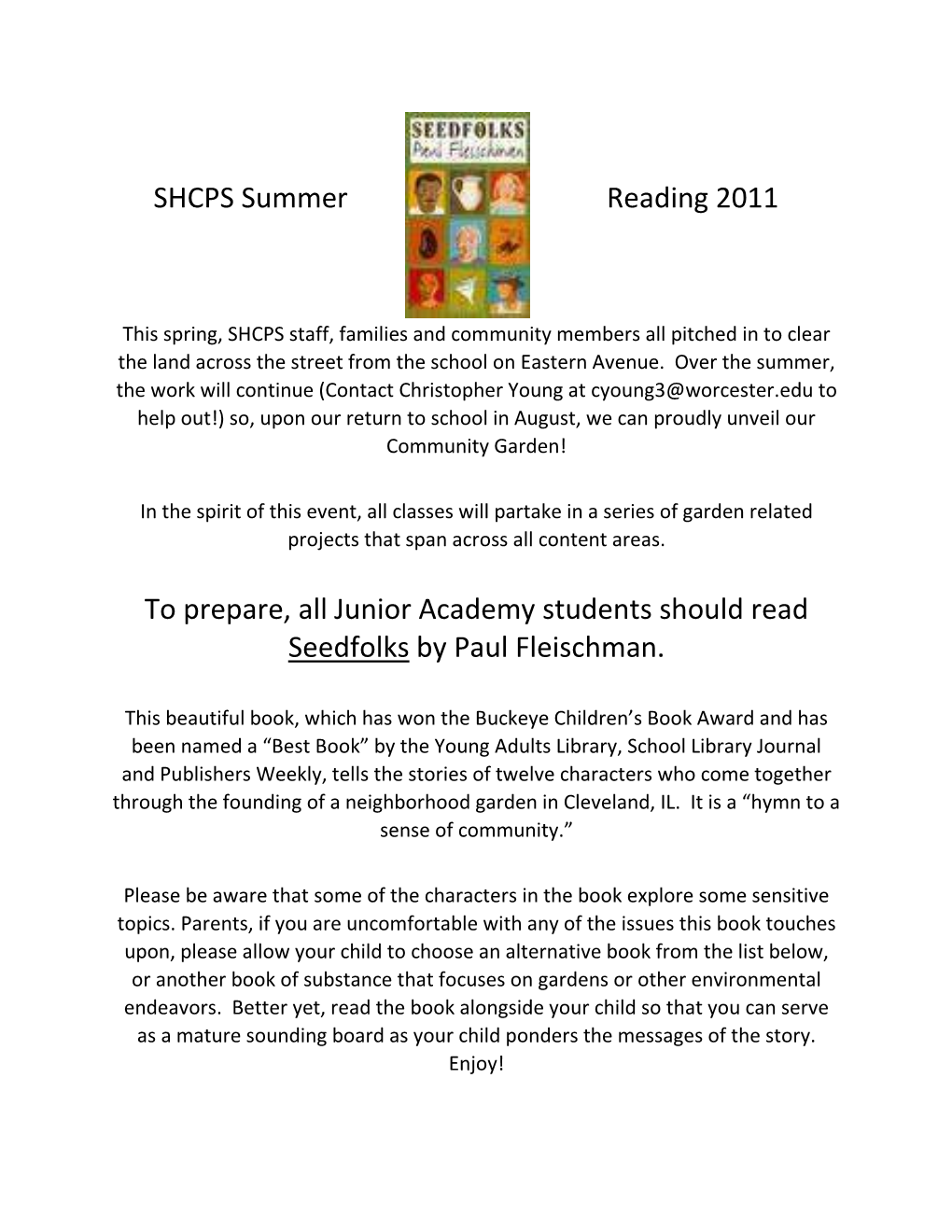 SHCPS Summer Reading 2011 to Prepare, All Junior Academy