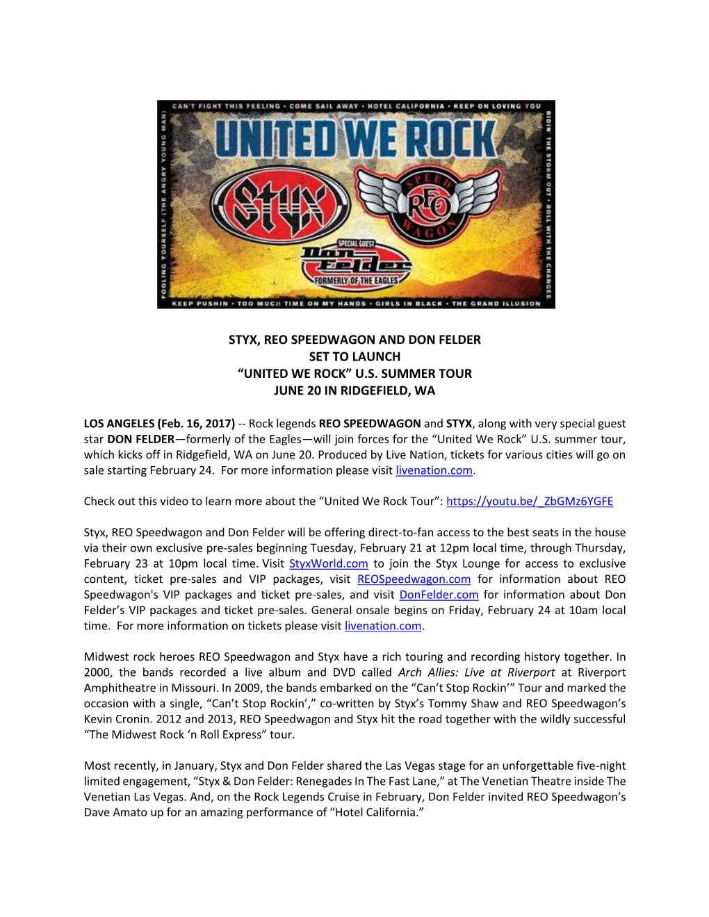 Styx, Reo Speedwagon and Don Felder Set to Launch “United We Rock” U.S
