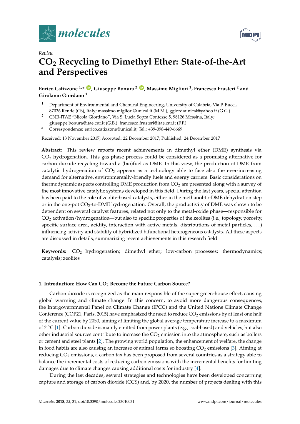 CO2 Recycling to Dimethyl Ether: State-Of-The-Art and Perspectives