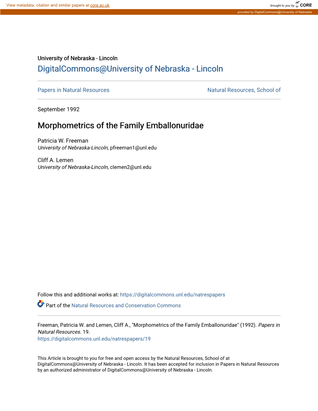 Morphometrics of the Family Emballonuridae