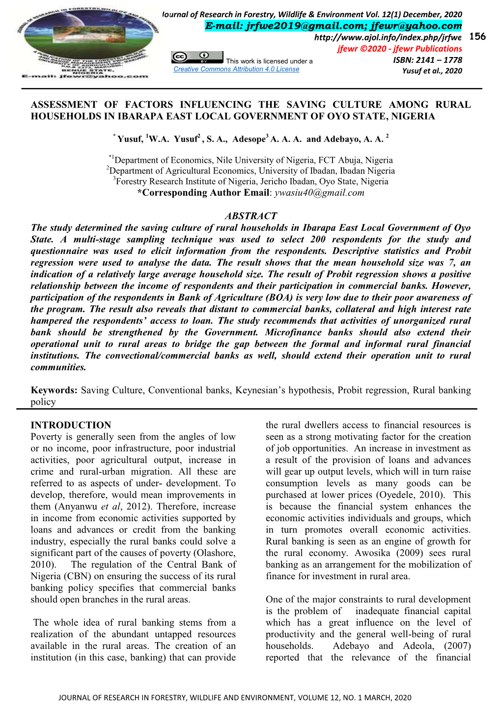 Assessment of Factors Influencing the Saving Culture Among Rural Households in Ibarapa East Local Government of Oyo State, Nigeria