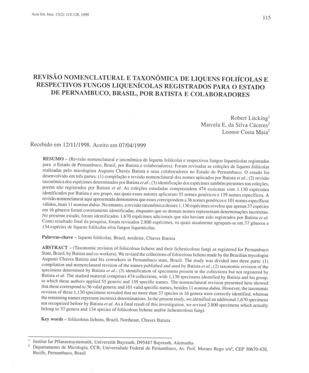 Revisão Nomenclatural E Taxonômica De Liquens Foliícolas E