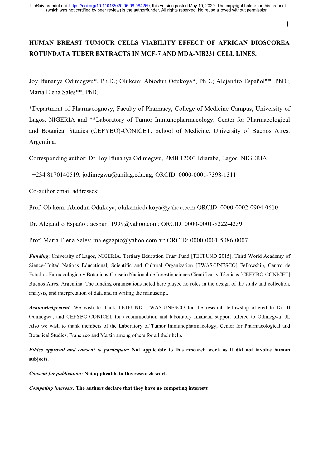 Human Breast Tumour Cells Viability Effect of African Dioscorea Rotundata Tuber Extracts in Mcf-7 and Mda-Mb231 Cell Lines