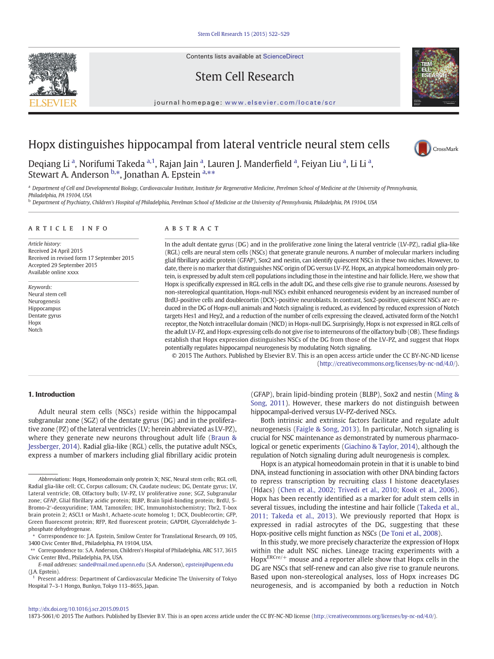 Hopx Distinguishes Hippocampal from Lateral Ventricle Neural Stem Cells