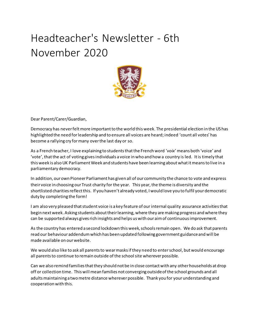 Headteacher's Newsletter - 6Th November 2020