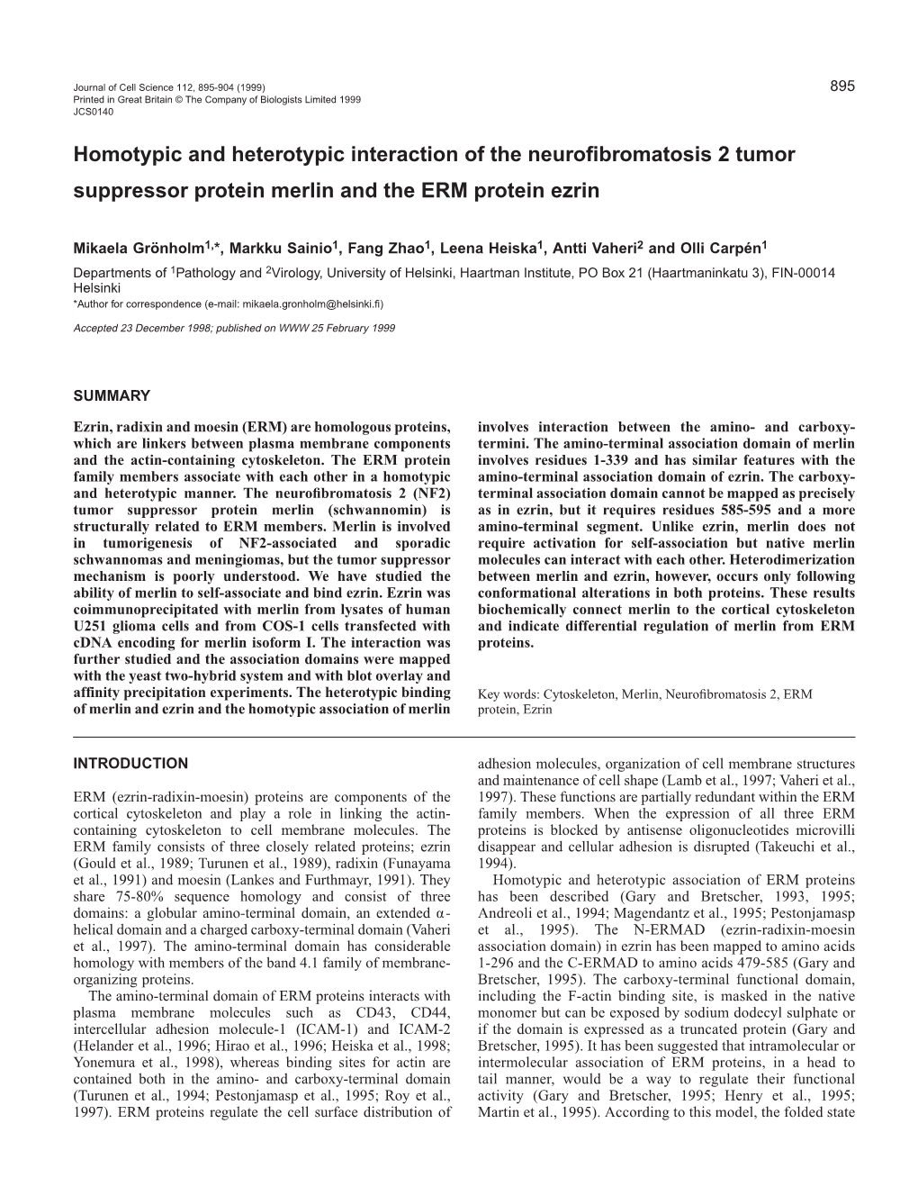 And Heterotypic Interaction of Merlin and Ezrin