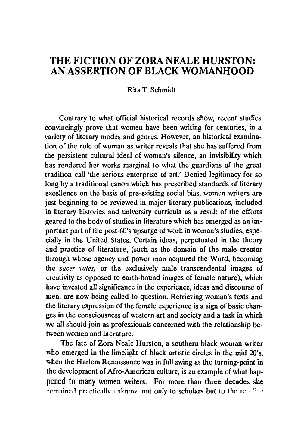 The Fiction of Zora Neale Hurston: an Assertion of Black Womanhood