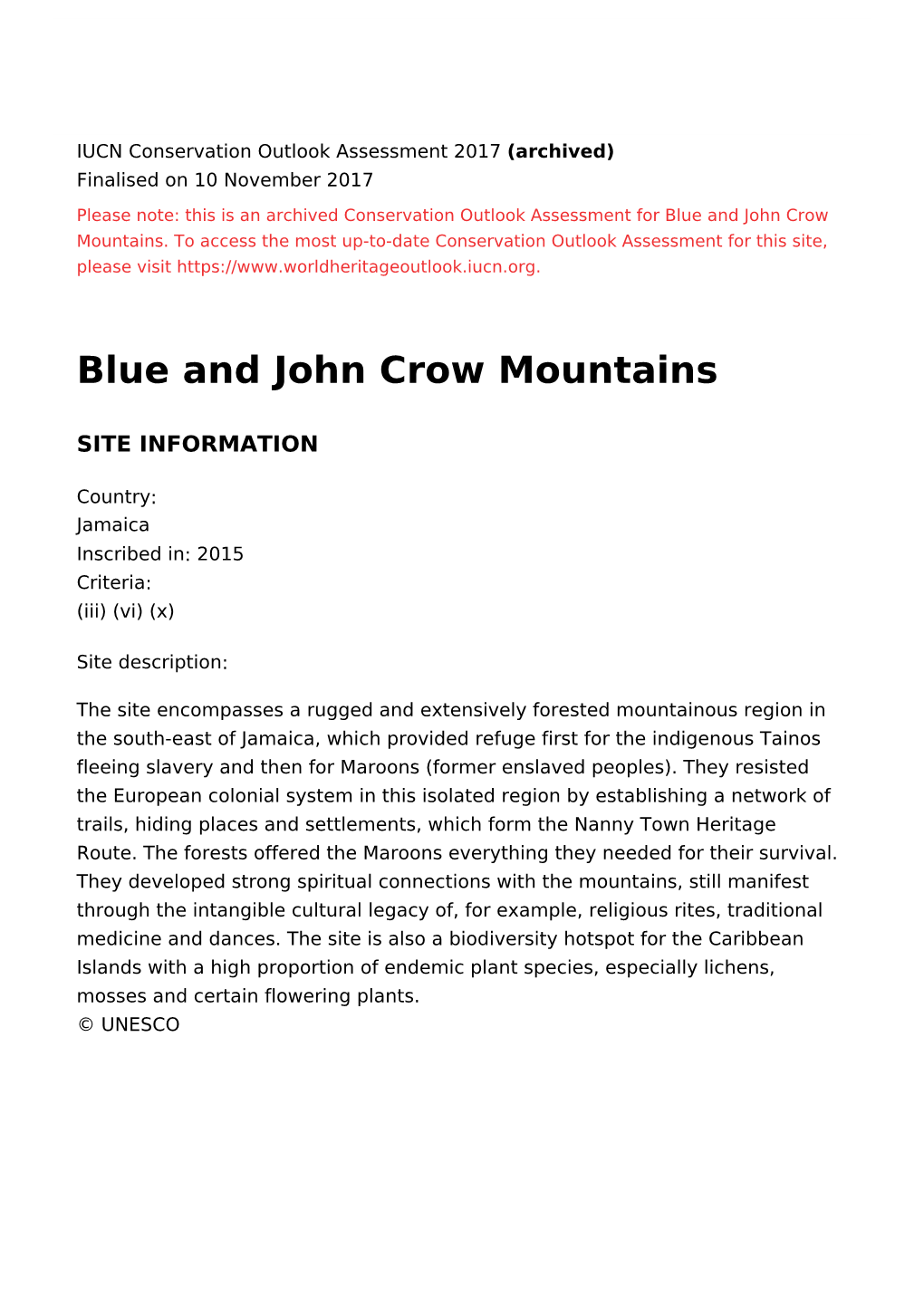 Blue and John Crow Mountains - 2017 Conservation Outlook Assessment (Archived)