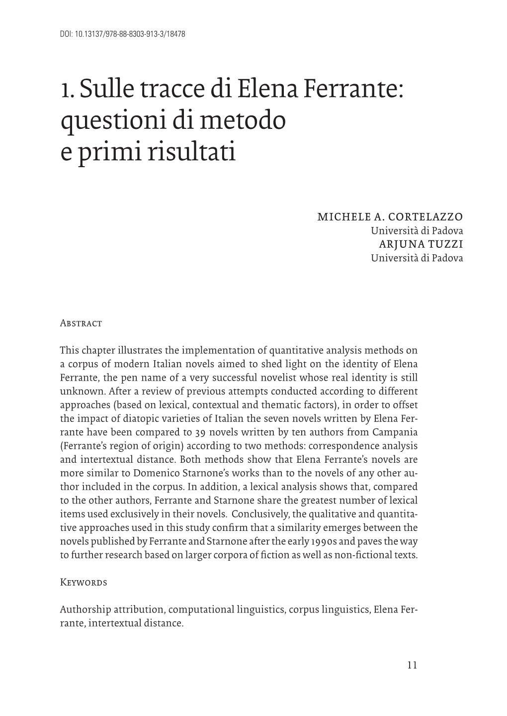 1. Sulle Tracce Di Elena Ferrante: Questioni Di Metodo E Primi Risultati