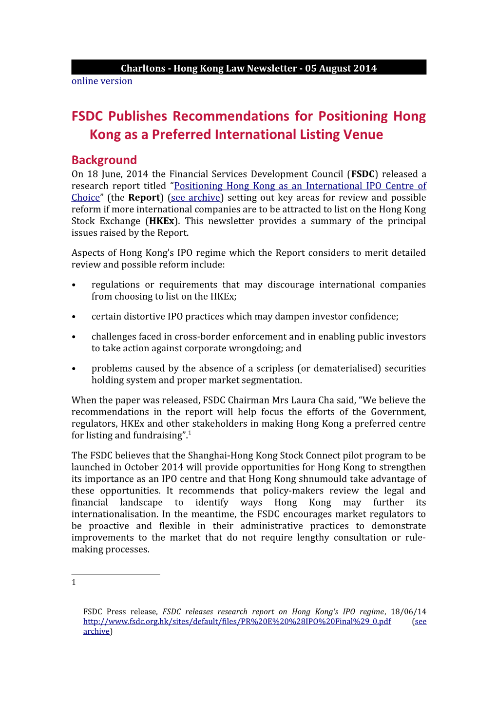 Charltons - Hong Kong Law Newsletter - 05 August 2014