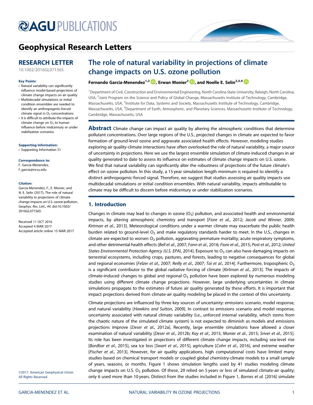 The Role of Natural Variability in Projections of Climate 10.1002/2016GL071565 Change Impacts on U.S