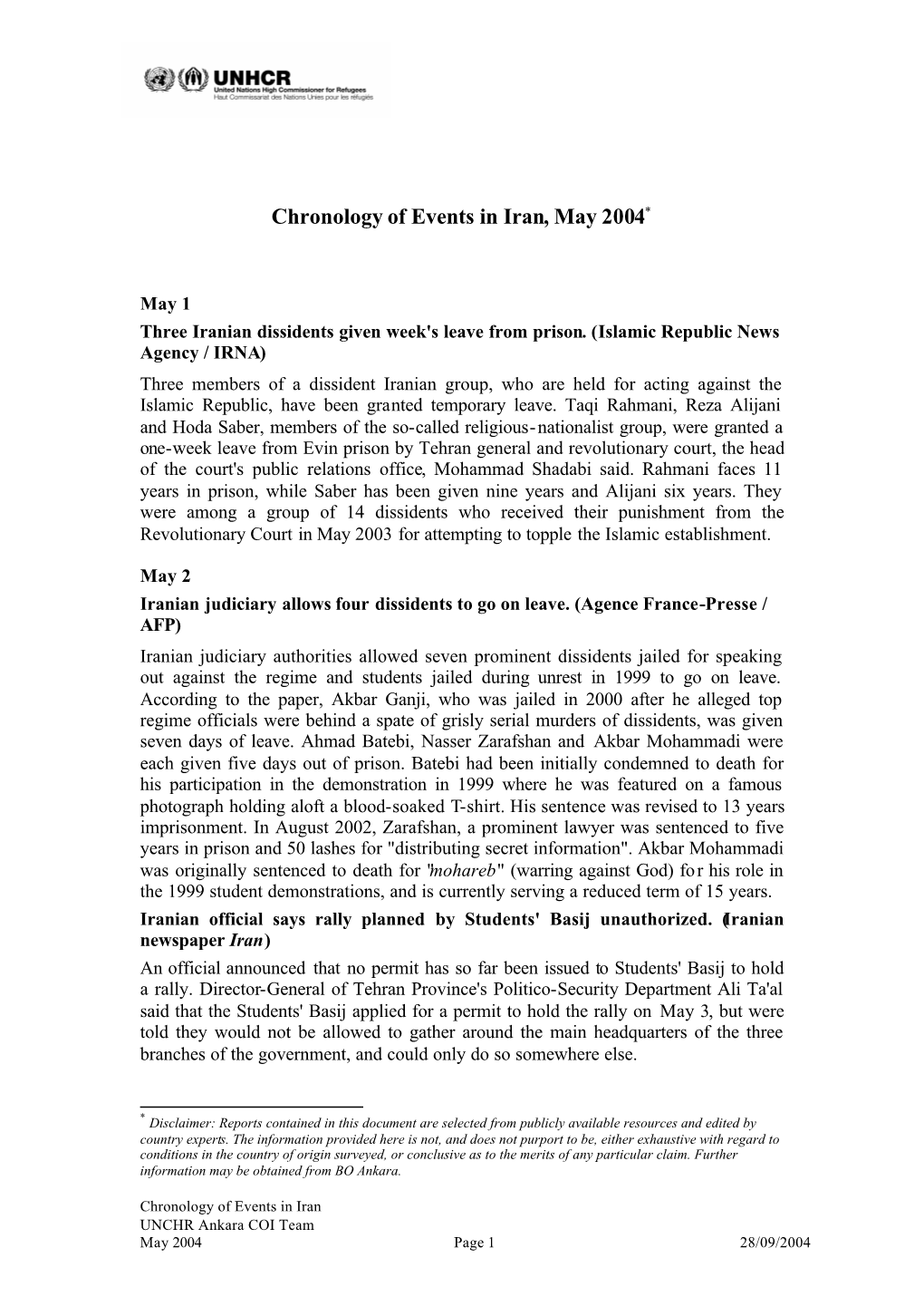 Chronology of Events in Iran, May 2004*