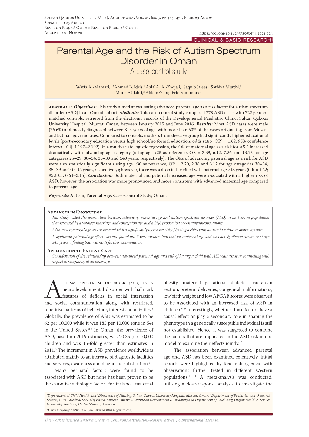 Parental Age and the Risk of Autism Spectrum Disorder in Oman a Case-Control Study