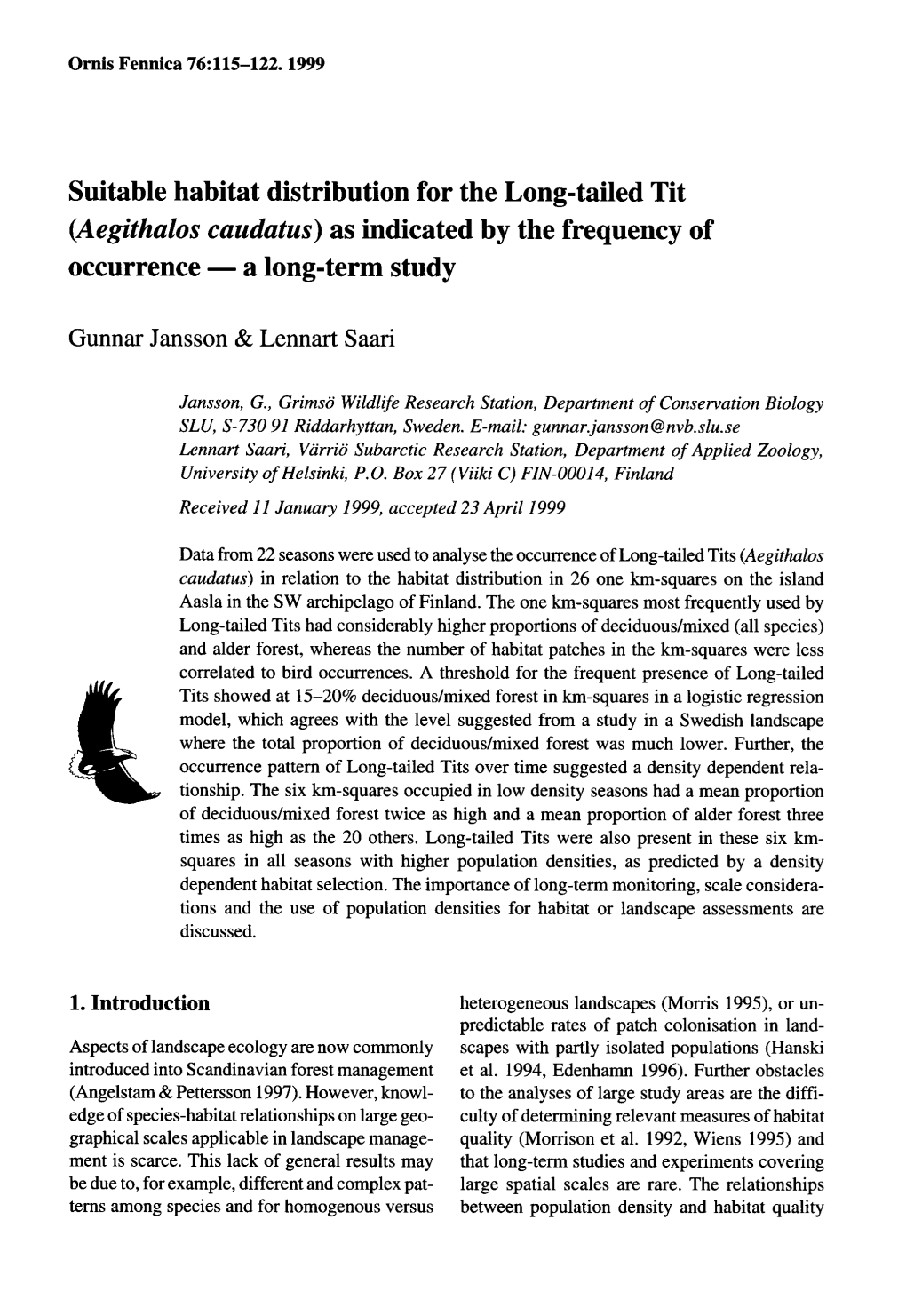 Suitable Habitat Distribution for the Long-Tailed Tit (Aegithalos Caudatus) As Indicated by the Frequency of Occurrence - a Long-Term Study