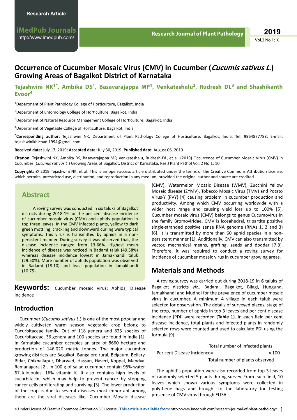 Occurrence of Cucumber Mosaic Virus (CMV)