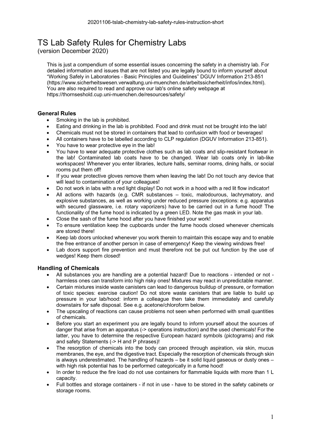 TS Lab Safety Rules for Chemistry Labs (Version December 2020)