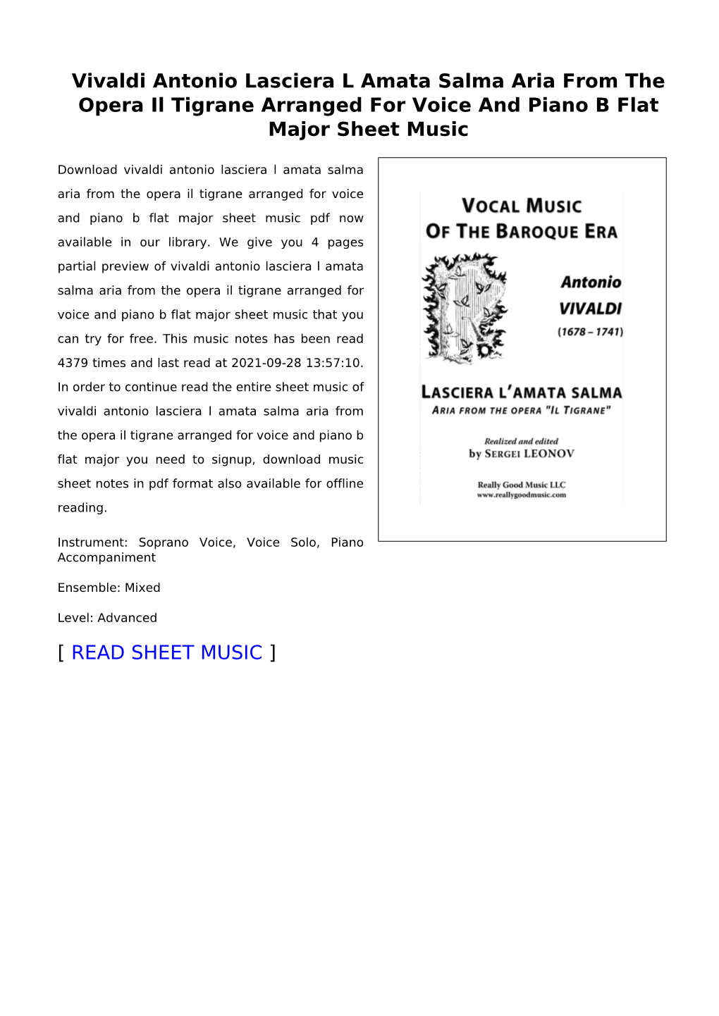 Vivaldi Antonio Lasciera L Amata Salma Aria from the Opera Il Tigrane Arranged for Voice and Piano B Flat Major Sheet Music